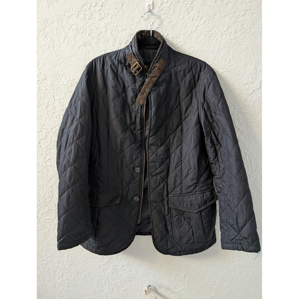 Barbour Lutz Quilted Jacket Mens Small Black Suede Collar British Country Coat